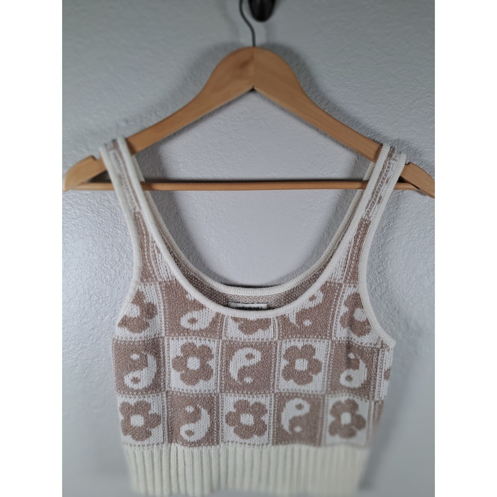 American Eagle Tan Cream Yin Yang Floral Checkered Knit Crop Sweater Tank Top M